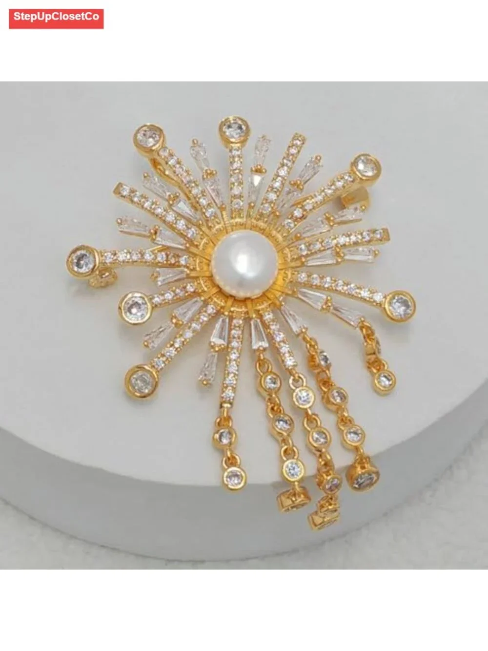 Cubic Zircon Pearl Sunburst Brooch Fringe Tassel Pin